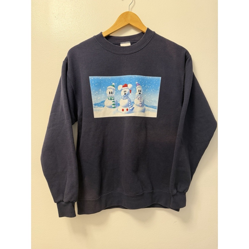 Vintage Disney Store Holiday Mickey Snowmen Blue Crewneck Sweatshirt Adult Small